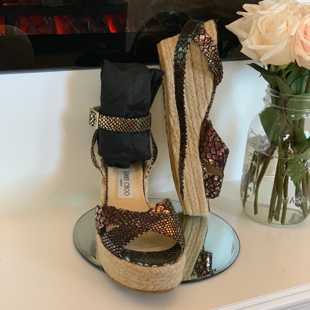 Jimmy Choo Multicolor Iridescent Snake-Print Espadrille Wedges